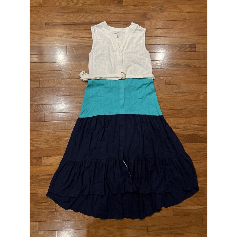 H by Halston Dress Small Sleeveless V Neck Tiered Belted Hi Low White